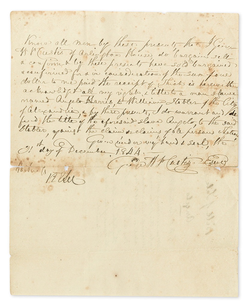 LEE, ROBERT E. Document Signed, RELee, as witness, transferring Angelo Harris from George Washington Parke Custis to William Stabler.